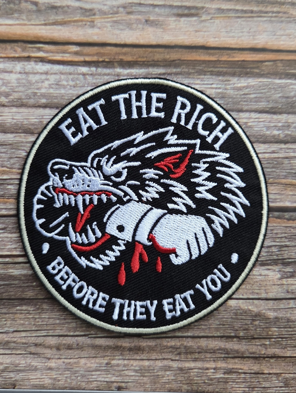 Eat The Rich Rockabilly Punk Rock Wolf Tattoo Style Indie Iron On Patch